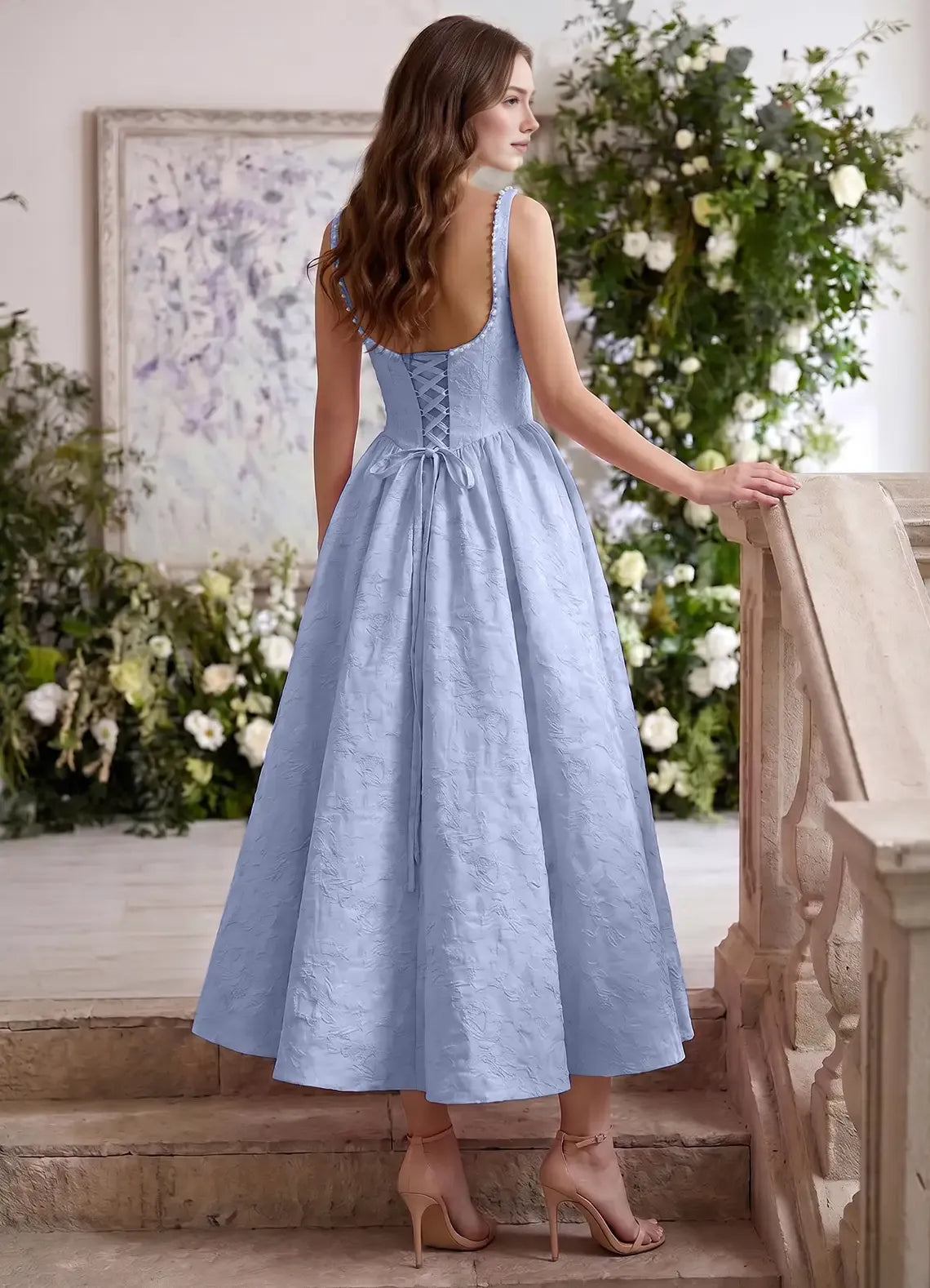 Elegant Fit-and-flare Square-neck Sleeveless Jacquard Cocktail Dress Tea-length Pearl-embellished Corset-back Evening Gown