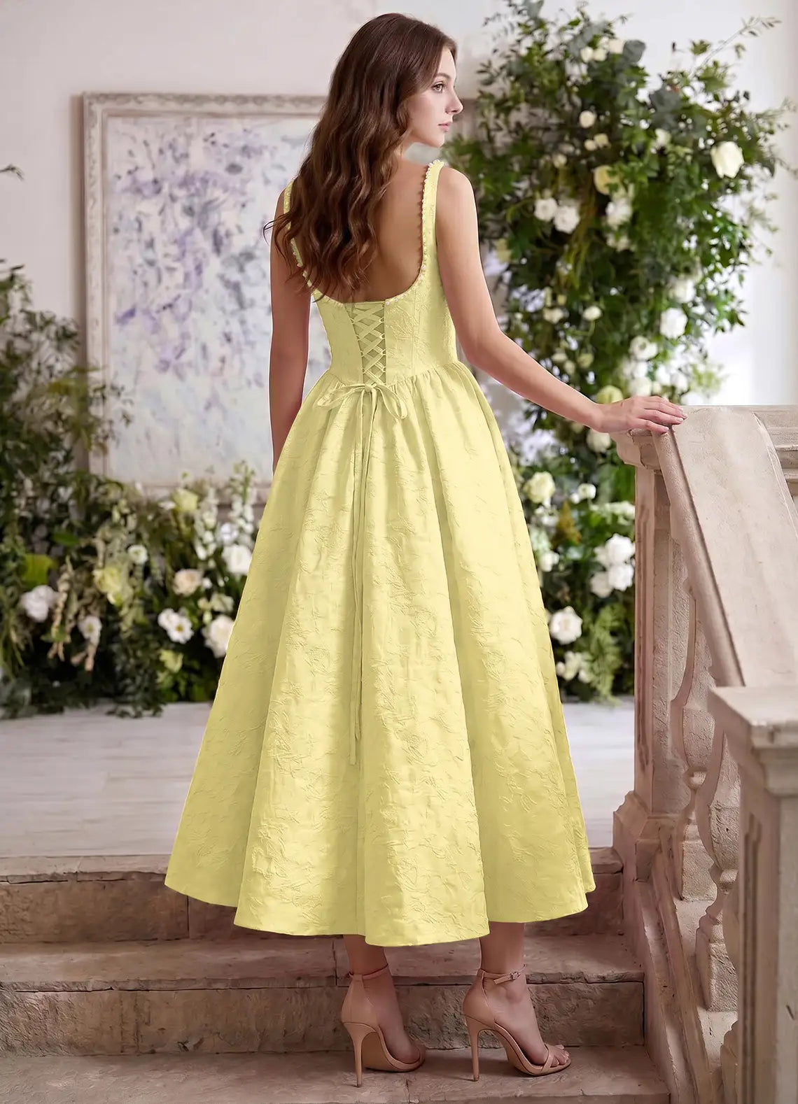 Elegant Fit-and-flare Square-neck Sleeveless Jacquard Cocktail Dress Tea-length Pearl-embellished Corset-back Evening Gown