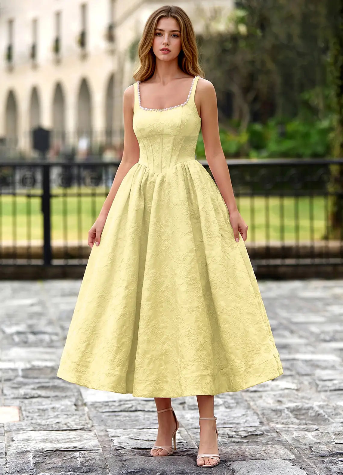 Elegant Fit-and-flare Square-neck Sleeveless Jacquard Cocktail Dress Tea-length Pearl-embellished Corset-back Evening Gown