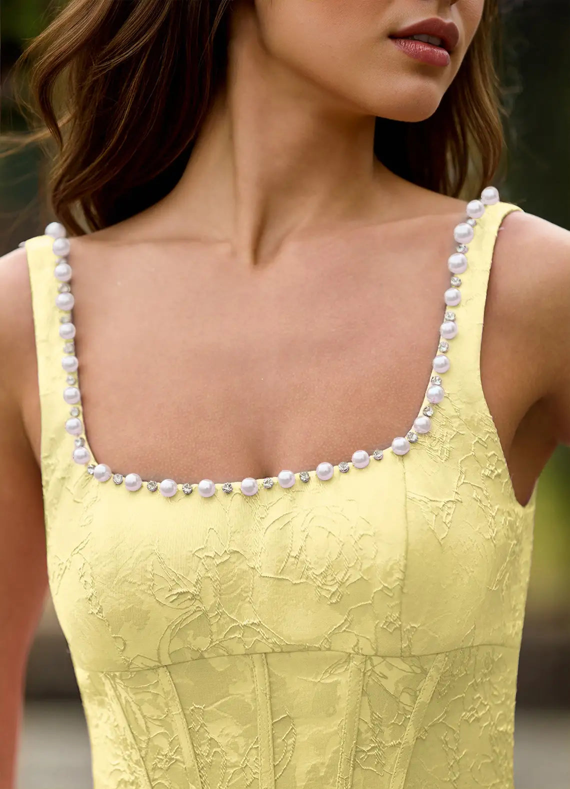 Elegant Fit-and-flare Square-neck Sleeveless Jacquard Cocktail Dress Tea-length Pearl-embellished Corset-back Evening Gown