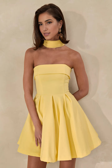 Elegant Fit-and-flare Strapless Sleeveless Crepe Homecoming Dress Mini Pleated Choker-sash Cocktail Dress