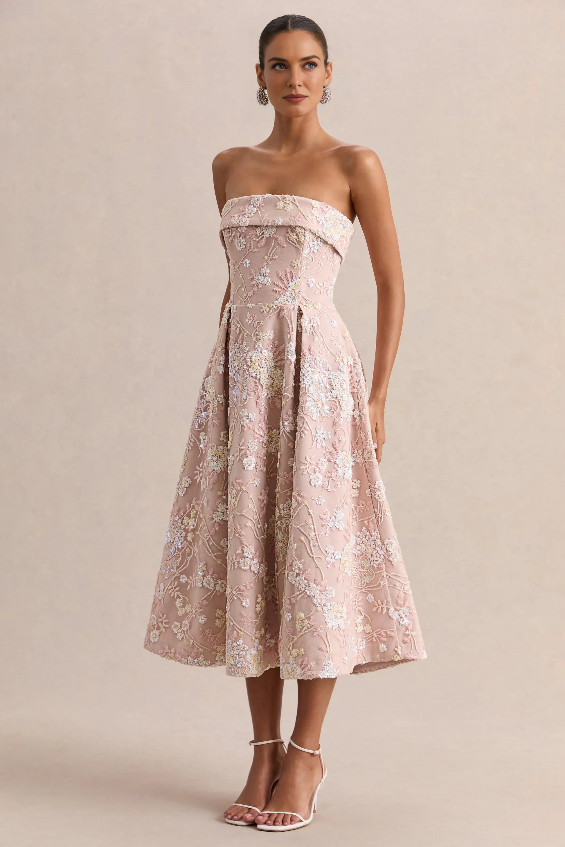 Elegant Fit-and-flare Strapless Sleeveless Mesh Midi Floral-sequin-embroidered Cocktail Dress