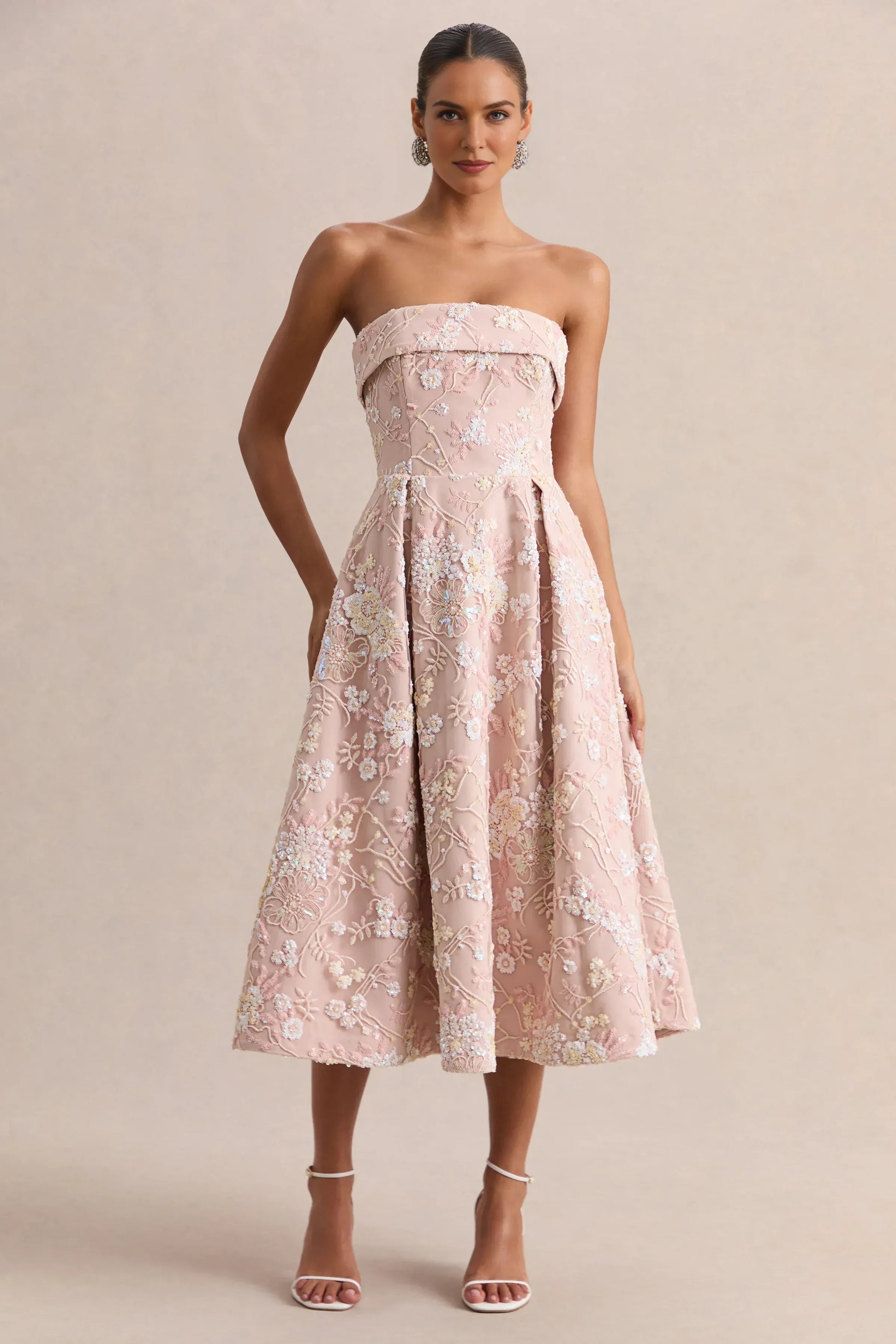 Elegant Fit-and-flare Strapless Sleeveless Mesh Midi Floral-sequin-embroidered Cocktail Dress