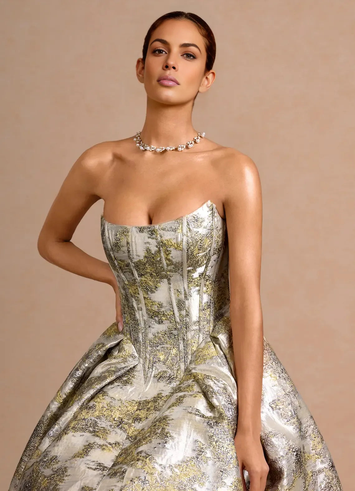 Elegant Fit-and-flare Strapless Sweetheart Sleeveless Metallic-jacquard Cocktail Dress Tea-length Corset-back Evening Gown
