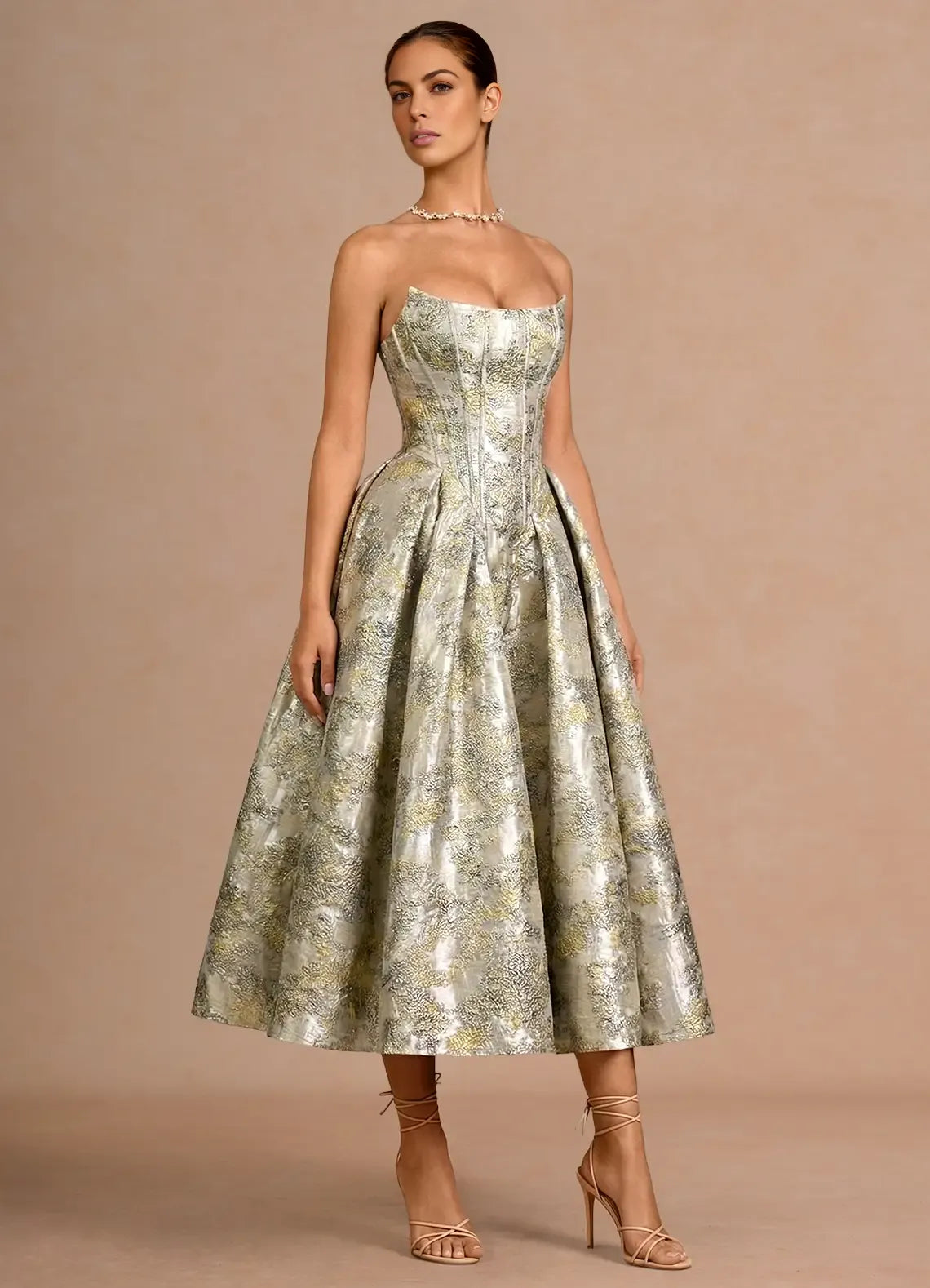 Elegant Fit-and-flare Strapless Sweetheart Sleeveless Metallic-jacquard Cocktail Dress Tea-length Corset-back Evening Gown