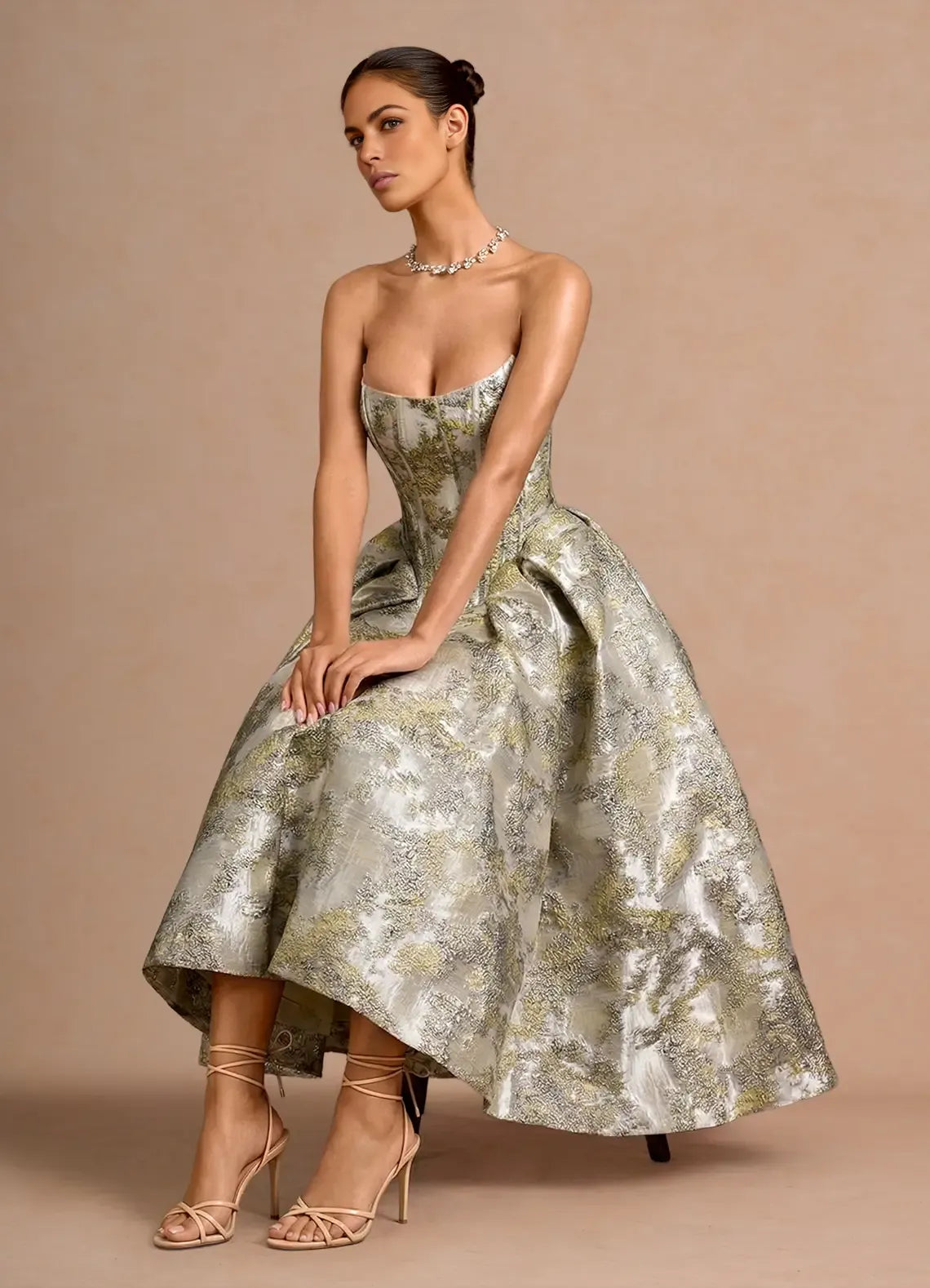 Elegant Fit-and-flare Strapless Sweetheart Sleeveless Metallic-jacquard Cocktail Dress Tea-length Corset-back Evening Gown