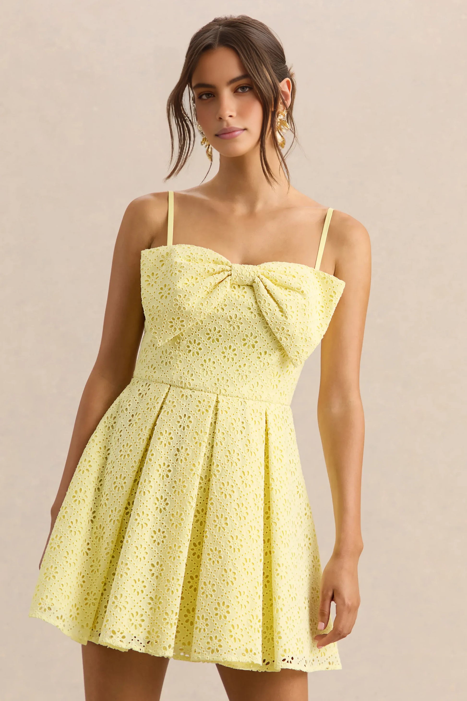 Elegant Fit-and-flare Sweetheart Sleeveless Eyelet-cotton Mini Homecoming Dress Bow-front Pleated Cocktail Dress