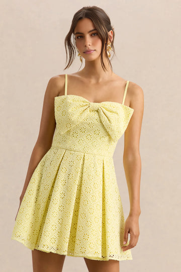 Elegant Fit-and-flare Sweetheart Sleeveless Eyelet-cotton Mini Homecoming Dress Bow-front Pleated Cocktail Dress