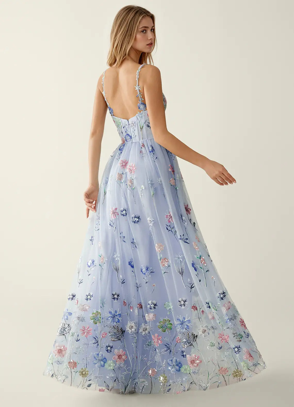 Elegant Fit-and-flare Sweetheart Sleeveless Tulle Floor-length Floral-sequin-embroidered Corset-bodice Evening Gown