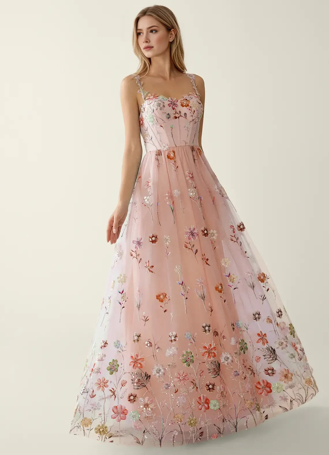 Elegant Fit-and-flare Sweetheart Sleeveless Tulle Floor-length Floral-sequin-embroidered Corset-bodice Evening Gown