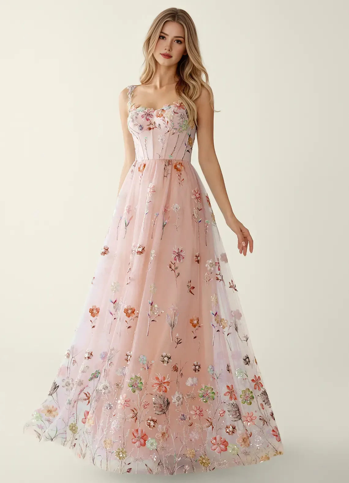 Elegant Fit-and-flare Sweetheart Sleeveless Tulle Floor-length Floral-sequin-embroidered Corset-bodice Evening Gown