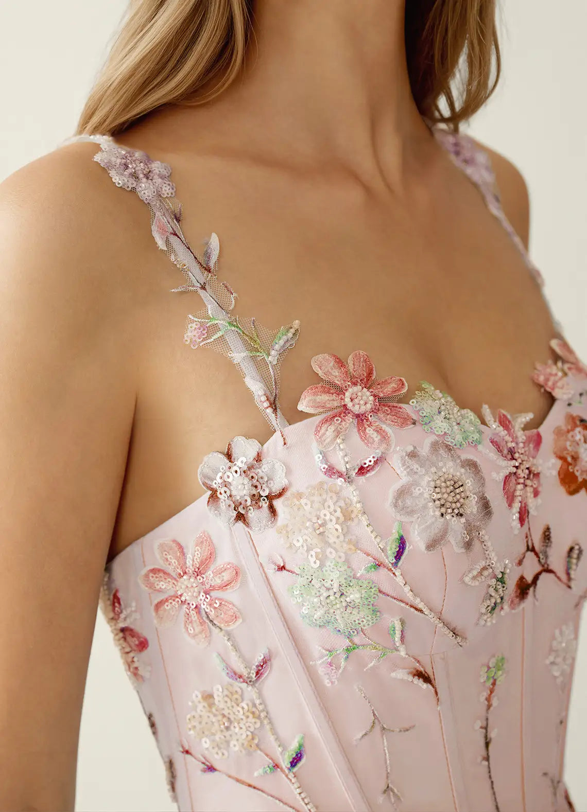 Elegant Fit-and-flare Sweetheart Sleeveless Tulle Floor-length Floral-sequin-embroidered Corset-bodice Evening Gown