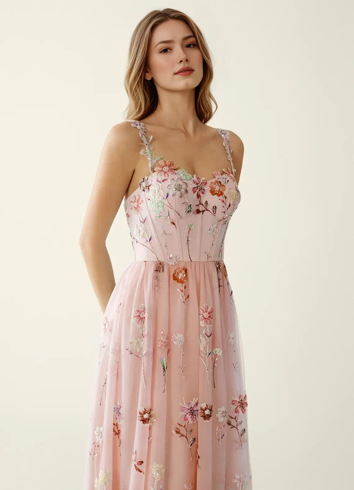 Elegant Fit-and-flare Sweetheart Sleeveless Tulle Floor-length Floral-sequin-embroidered Corset-bodice Evening Gown