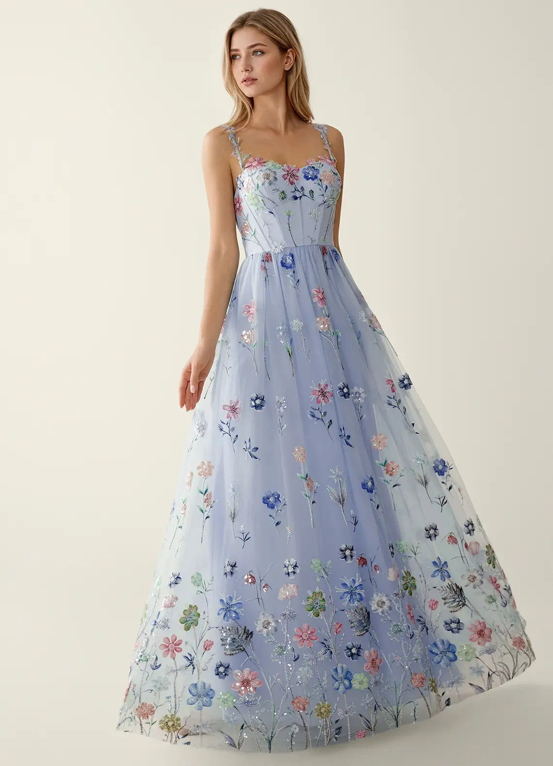 Elegant Fit-and-flare Sweetheart Sleeveless Tulle Floor-length Floral-sequin-embroidered Corset-bodice Evening Gown