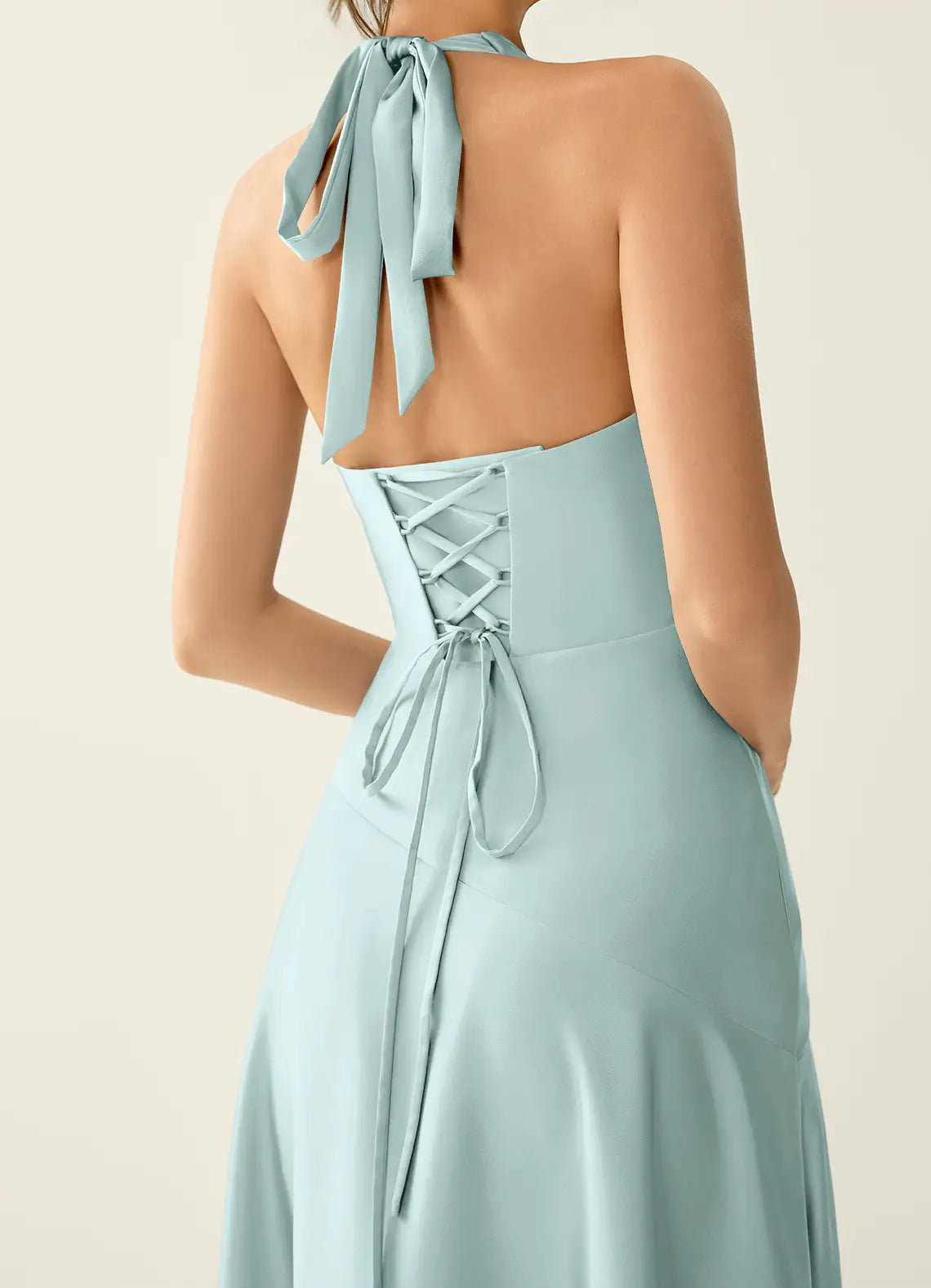 Elegant Fitted Halter Satin Maxi Slit Bridesmaid Dress