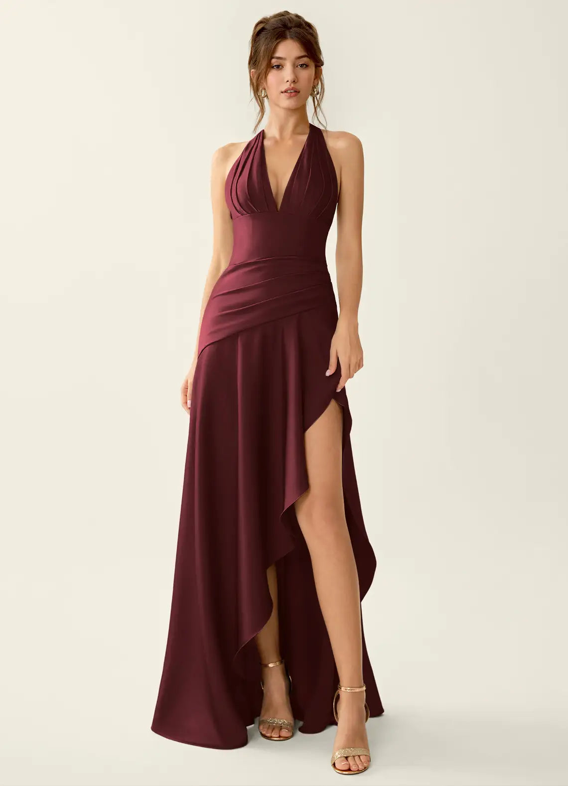 Elegant Fitted Halter Satin Maxi Slit Bridesmaid Dress
