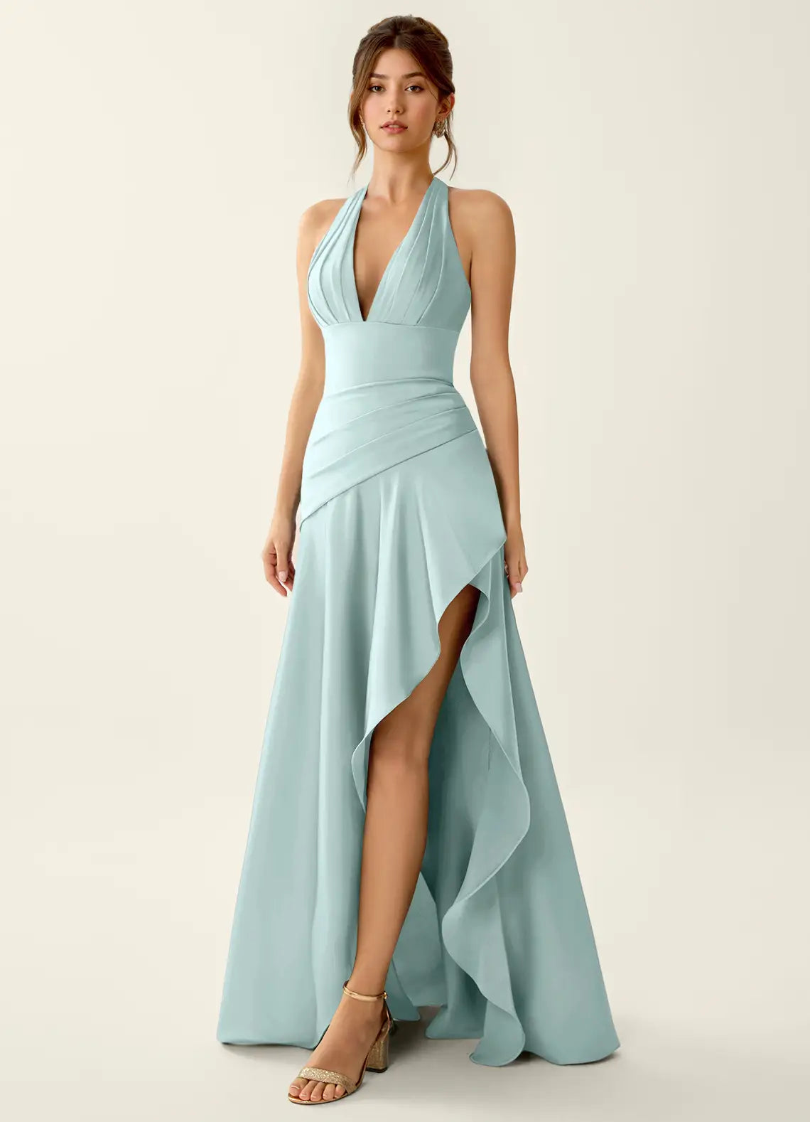 Elegant Fitted Halter Satin Maxi Slit Bridesmaid Dress