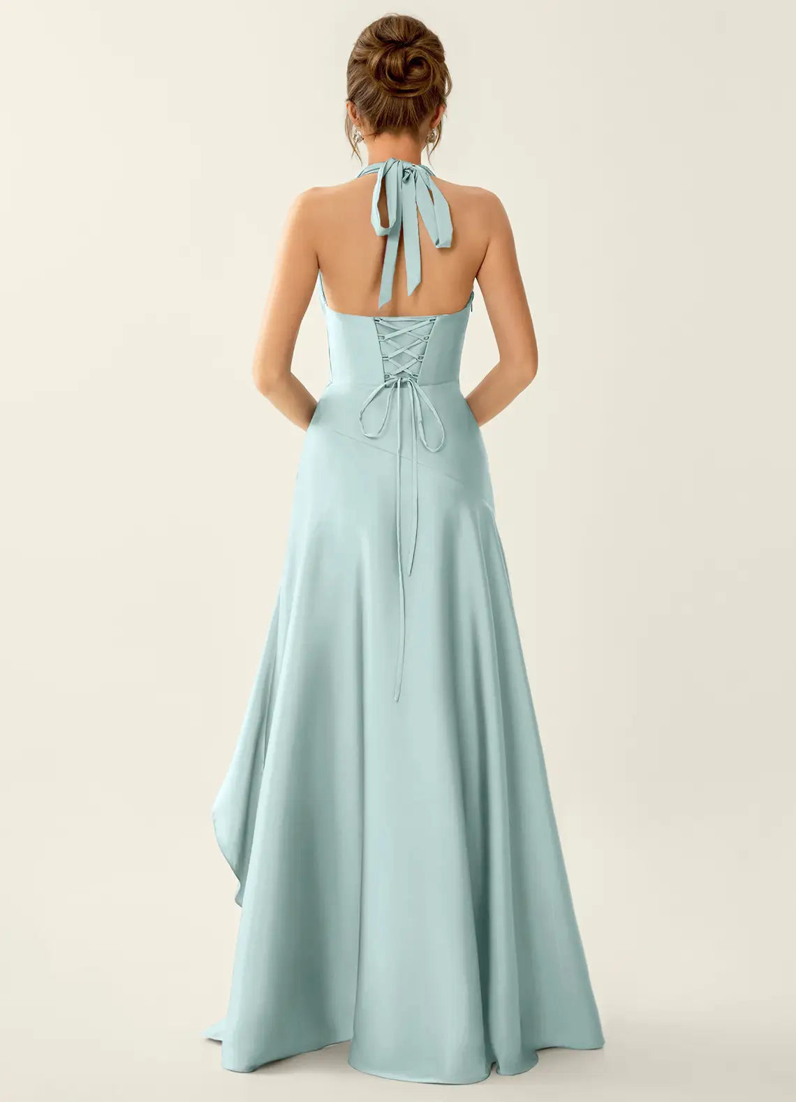 Elegant Fitted Halter Satin Maxi Slit Bridesmaid Dress