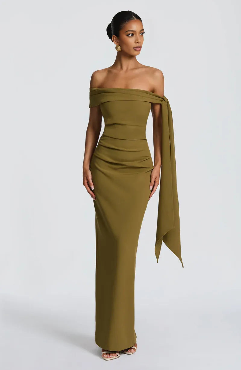 Elegant Fitted Off Shoulder Crepe Maxi Bow Gown Evening Dress