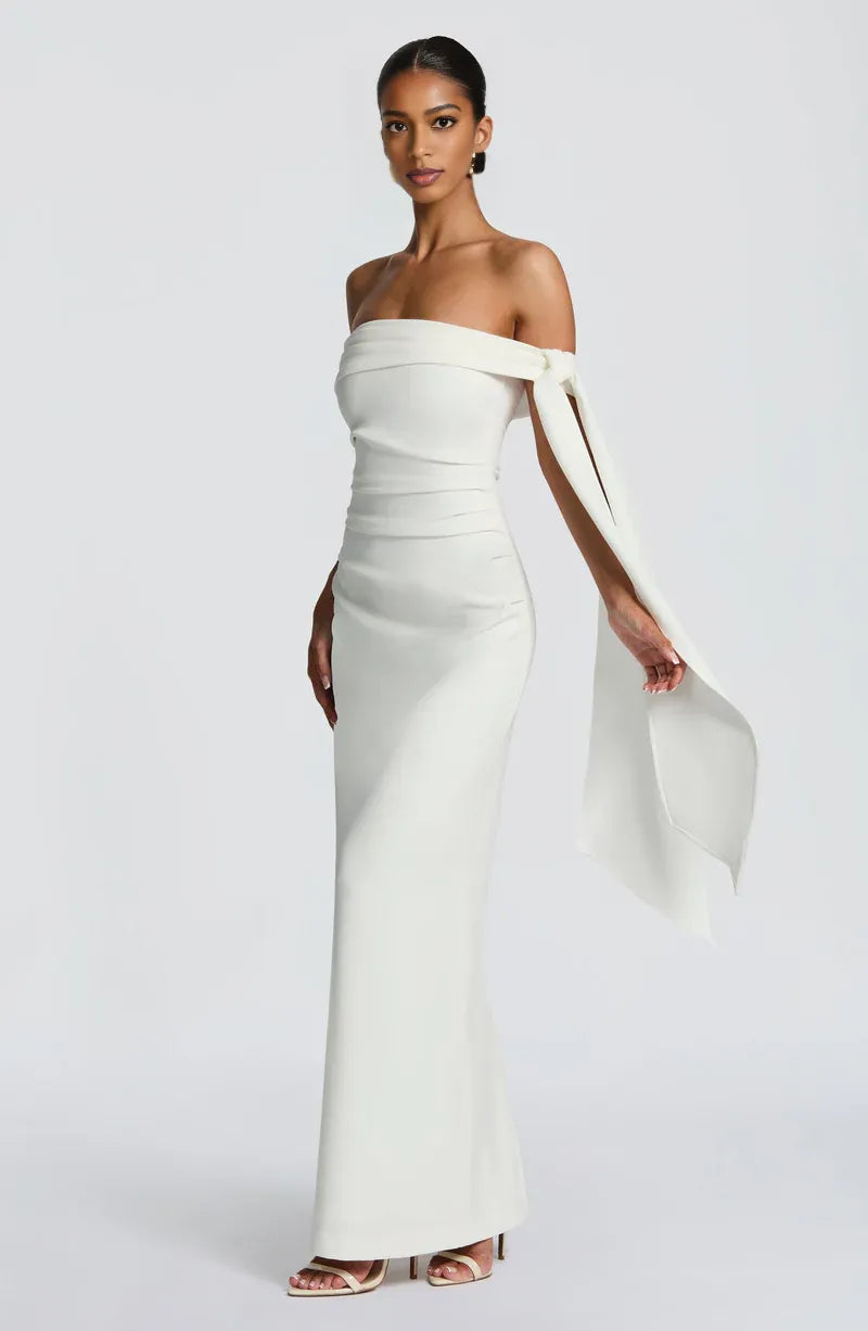 Elegant Fitted Off Shoulder Crepe Maxi Bow Gown Evening Dress