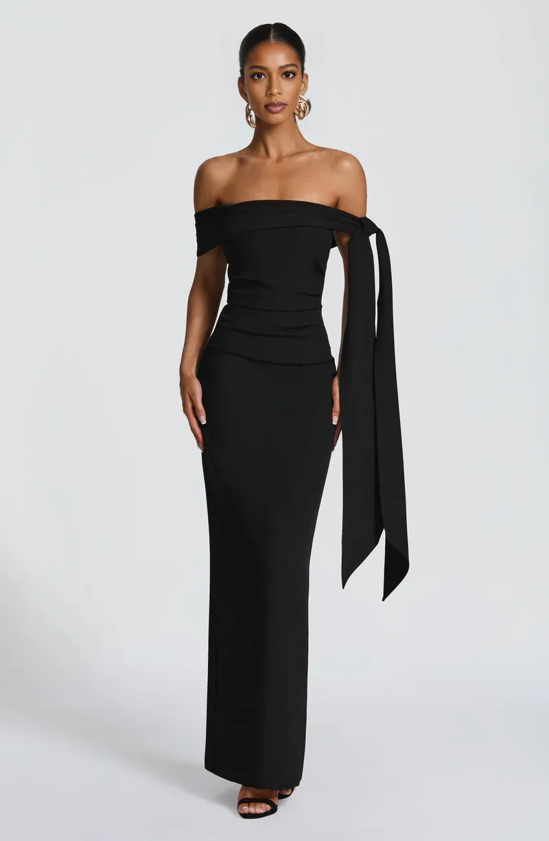 Elegant Fitted Off Shoulder Crepe Maxi Bow Gown Evening Dress