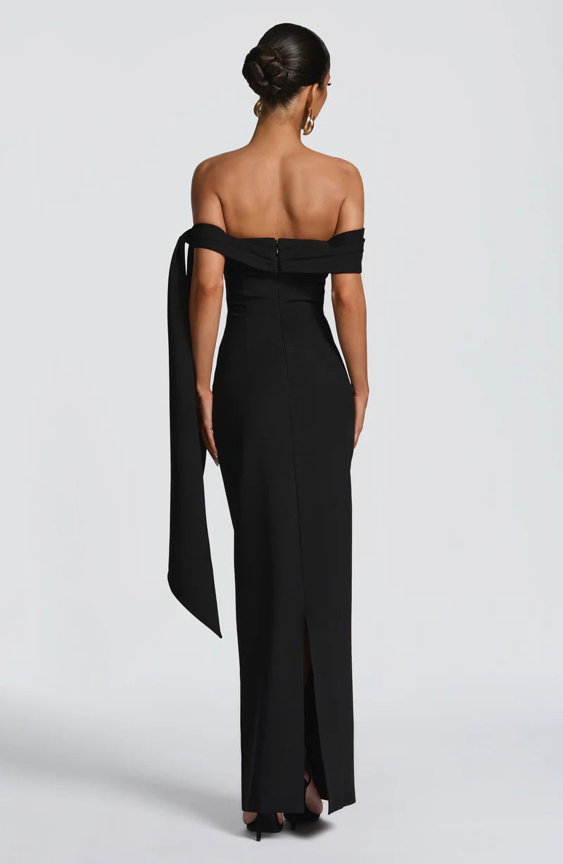 Elegant Fitted Off Shoulder Crepe Maxi Bow Gown Evening Dress