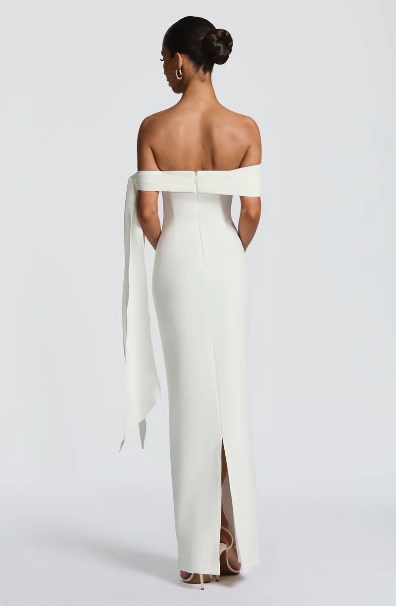 Elegant Fitted Off Shoulder Crepe Maxi Bow Gown Evening Dress
