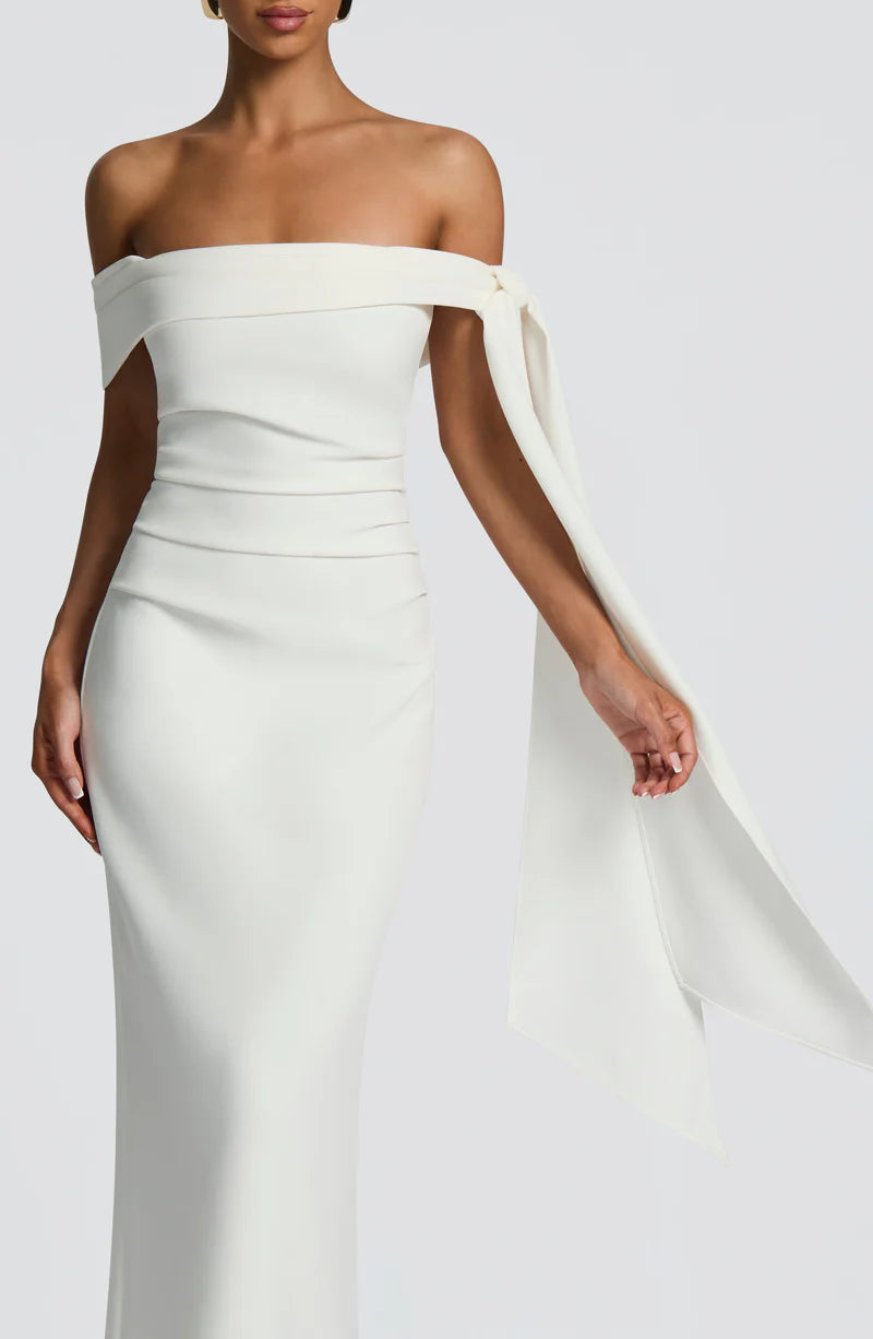 Elegant Fitted Off Shoulder Crepe Maxi Bow Gown Evening Dress