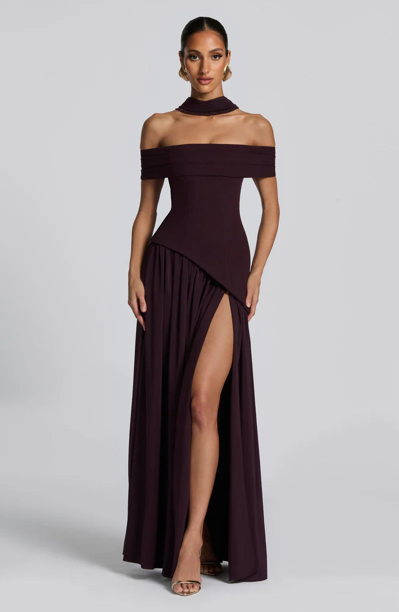 Elegant Fitted Off Shoulder Maxi Chiffon Evening Dress with Draped Scarf