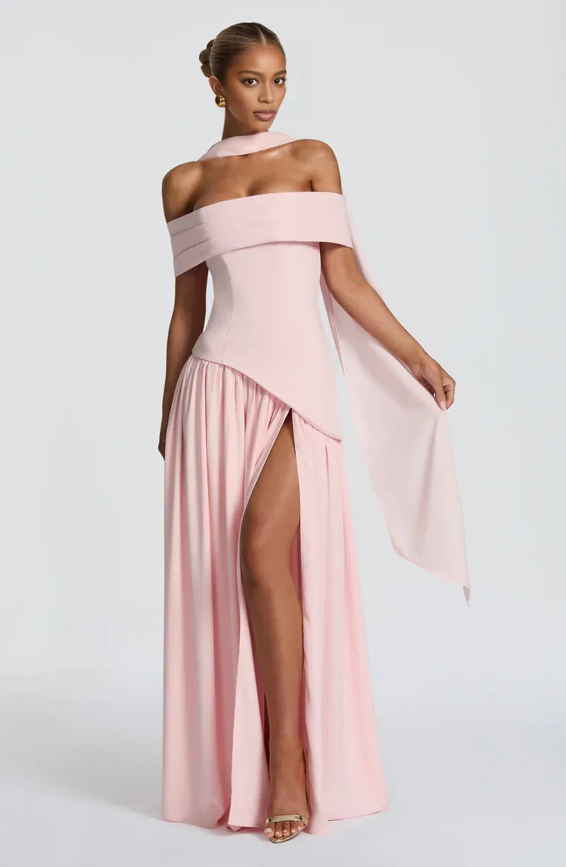 Elegant Fitted Off Shoulder Maxi Chiffon Evening Dress with Draped Scarf