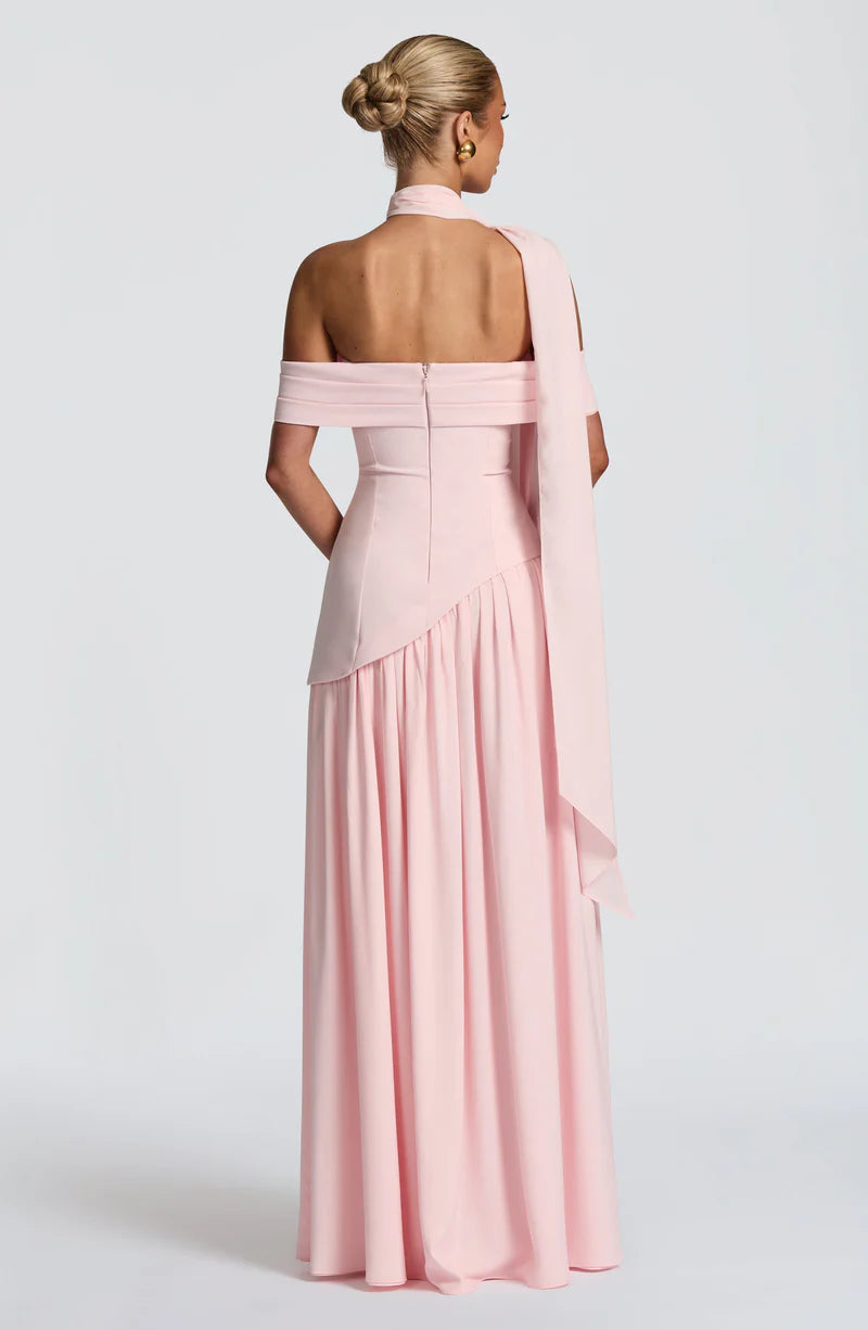 Elegant Fitted Off Shoulder Maxi Chiffon Evening Dress with Draped Scarf