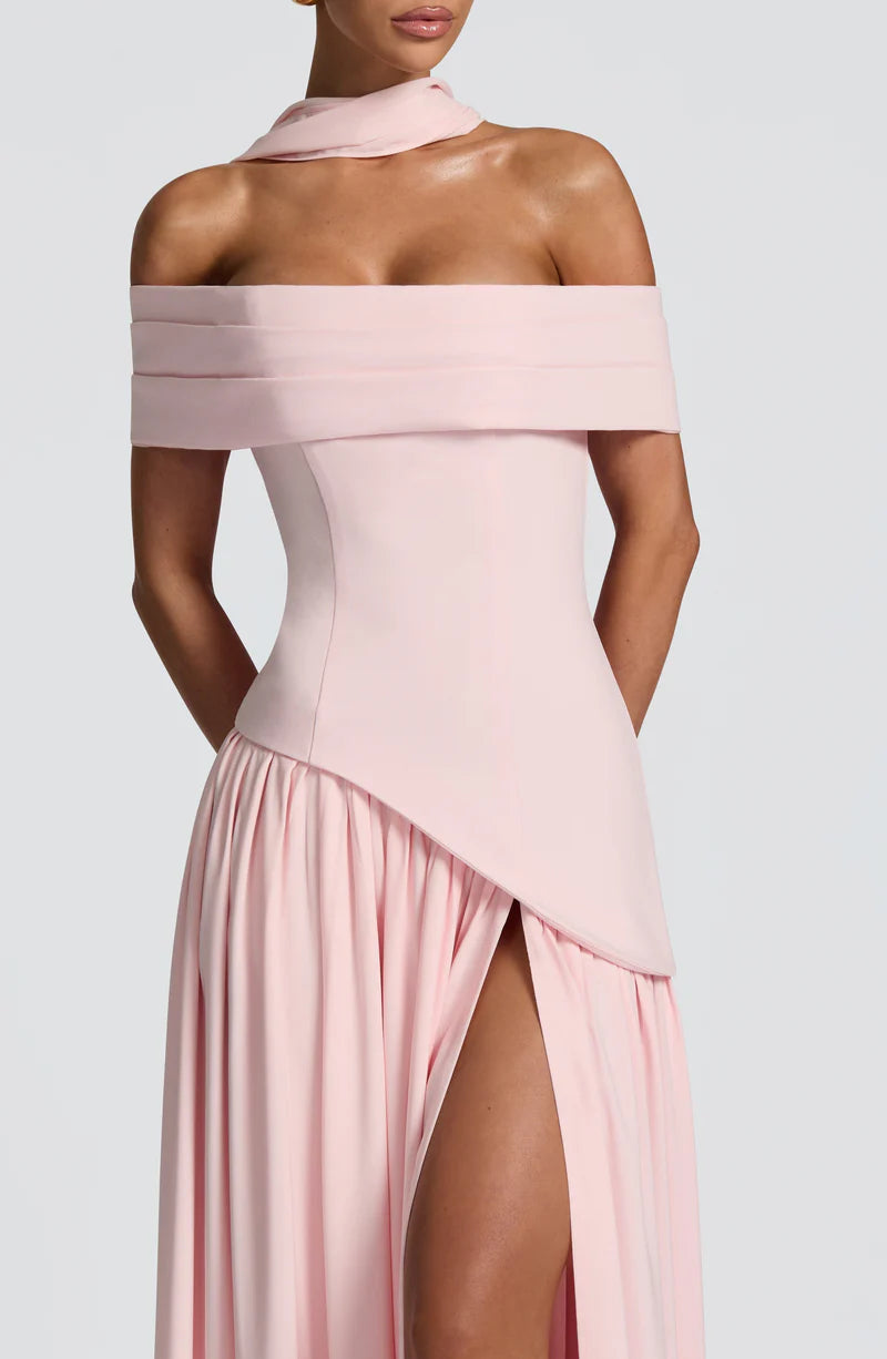 Elegant Fitted Off Shoulder Maxi Chiffon Evening Dress with Draped Scarf