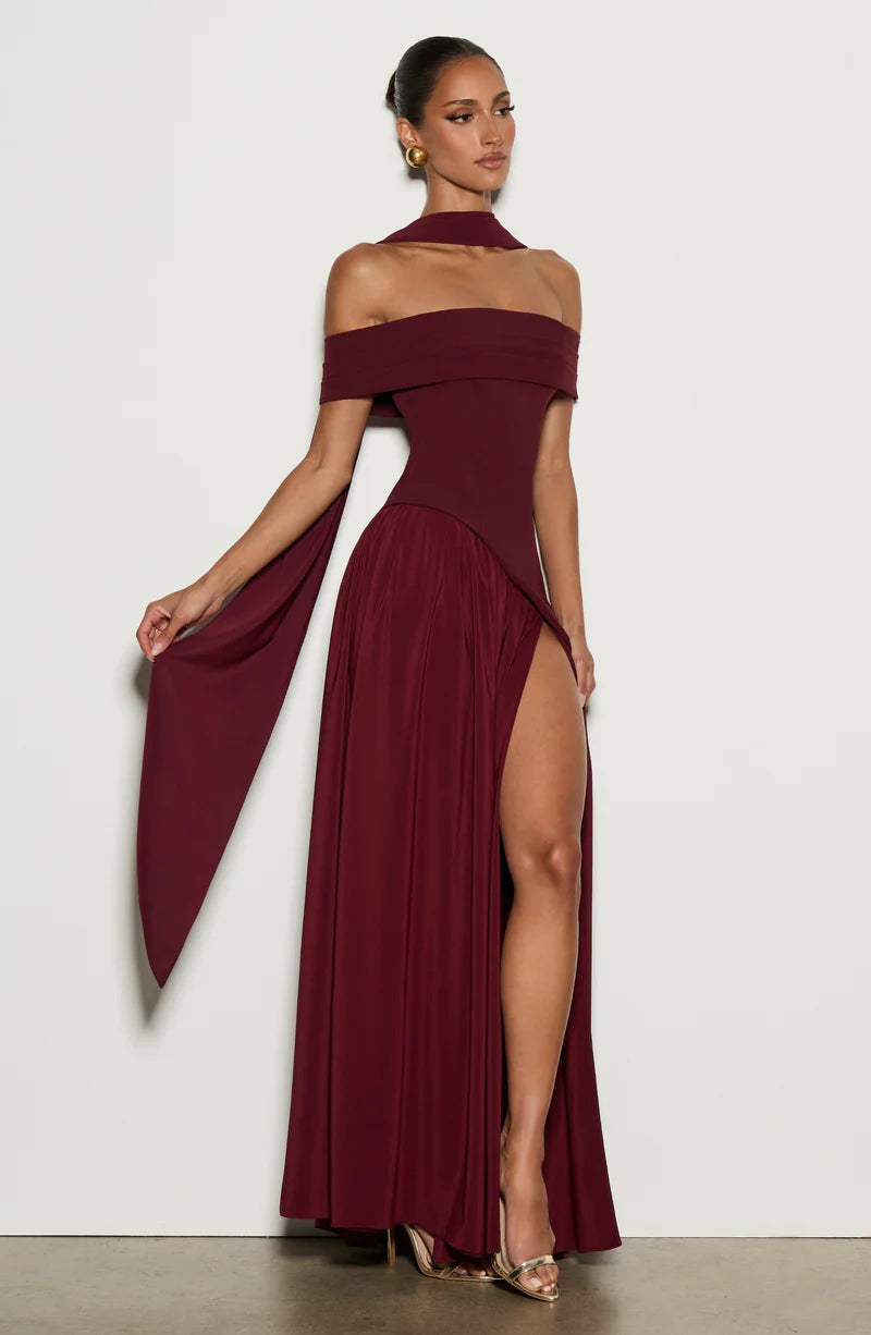Elegant Fitted Off Shoulder Maxi Chiffon Evening Dress with Draped Scarf