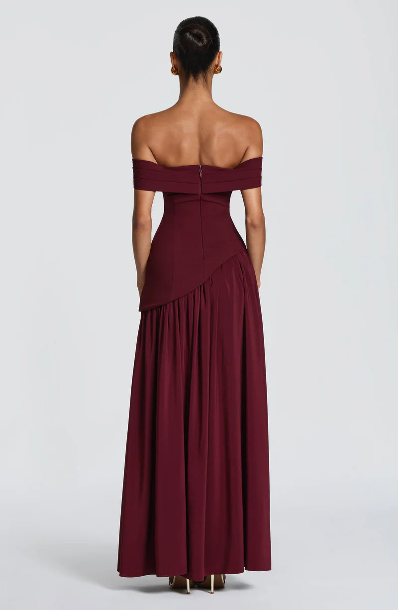 Elegant Fitted Off Shoulder Maxi Chiffon Evening Dress with Draped Scarf