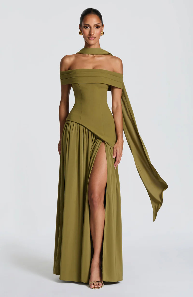 Elegant Fitted Off Shoulder Maxi Chiffon Evening Dress with Draped Scarf