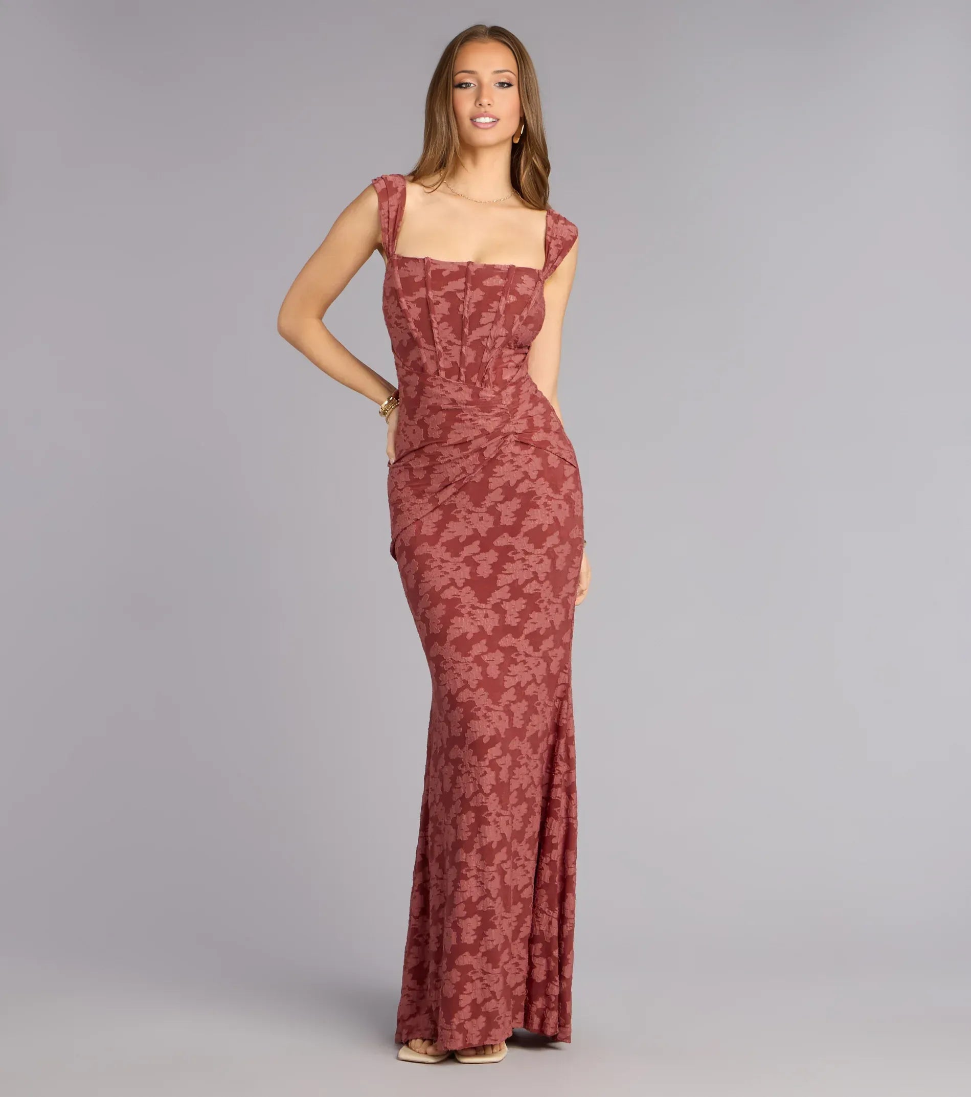 Elegant Mermaid Square Neck Jacquard Maxi Ruched Evening Gown