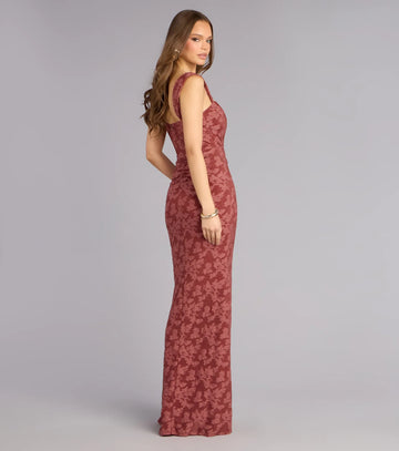 Elegant Mermaid Square Neck Jacquard Maxi Ruched Evening Gown