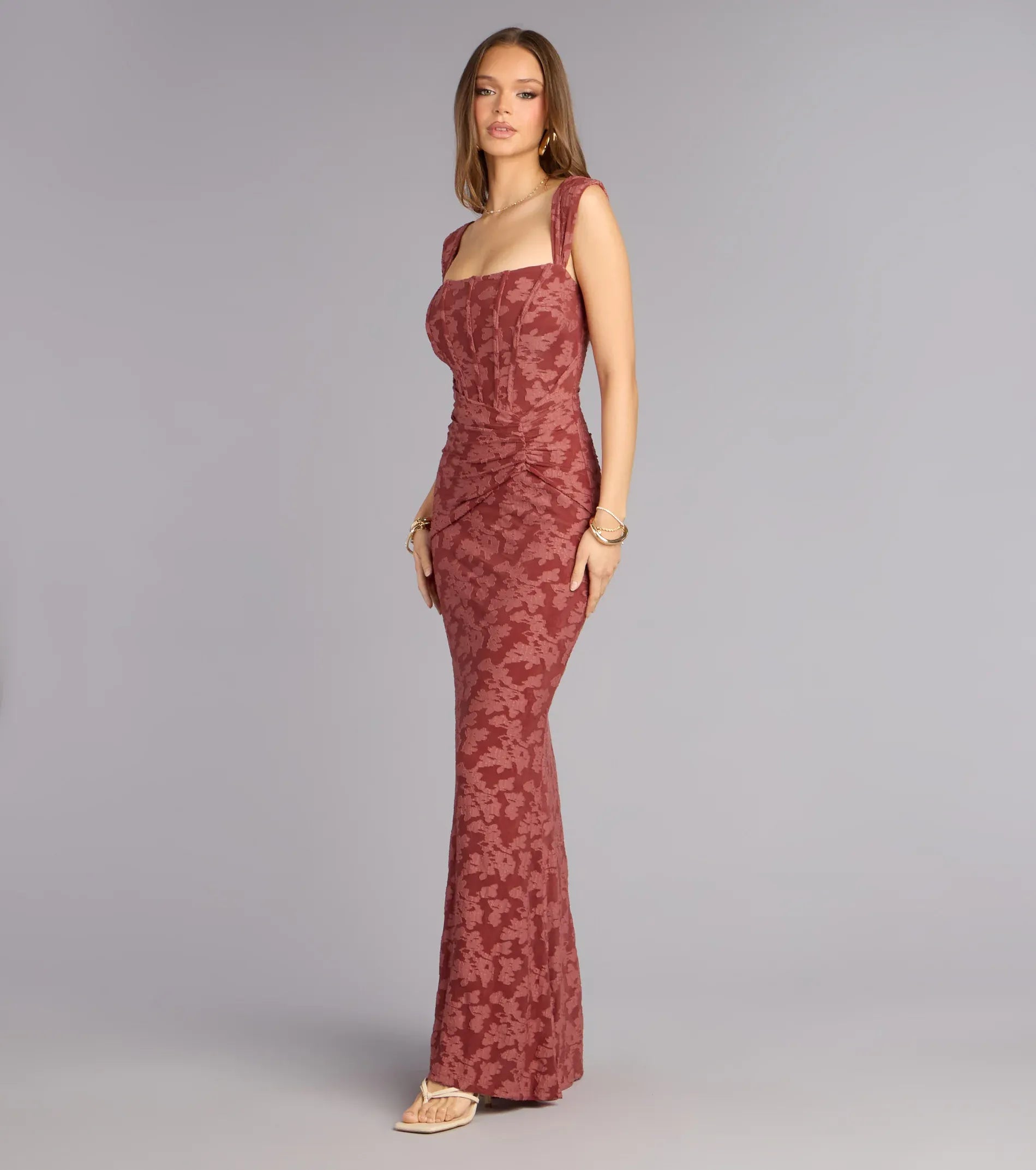 Elegant Mermaid Square Neck Jacquard Maxi Ruched Evening Gown