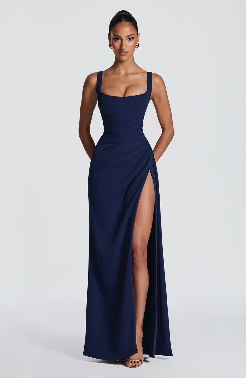 Elegant Square Neck Chiffon Maxi Slit Formal Evening Dress