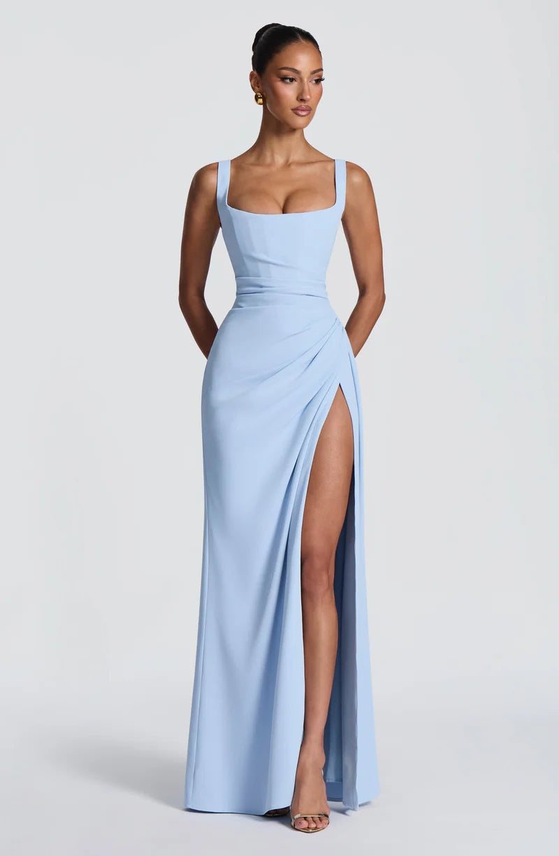 Elegant Square Neck Chiffon Maxi Slit Formal Evening Dress