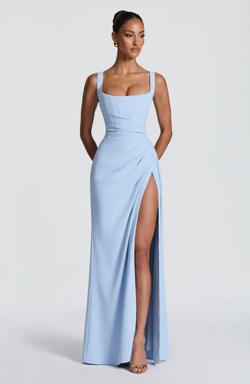 Elegant Square Neck Chiffon Maxi Slit Formal Evening Dress