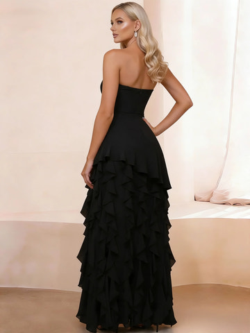 Elegante vestido de noche ajustado sin tirantes de chifón con volantes, vestido largo de graduación