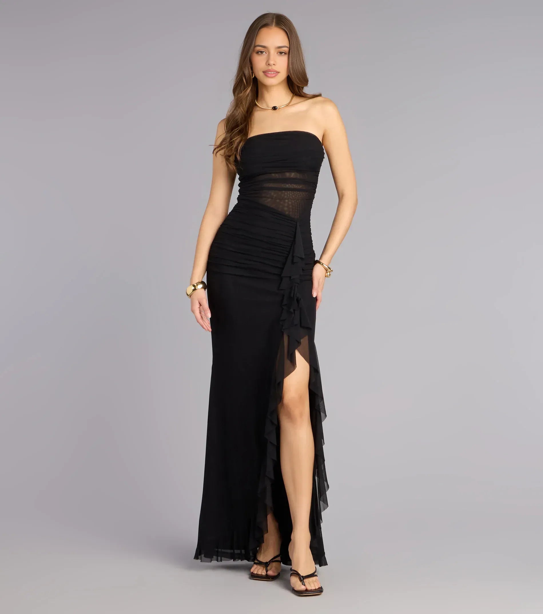 Elegant Fitted Strapless Mesh Maxi Ruffled Formal Evening Dress