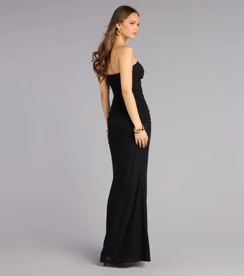Elegant Fitted Strapless Mesh Maxi Ruffled Formal Evening Dress