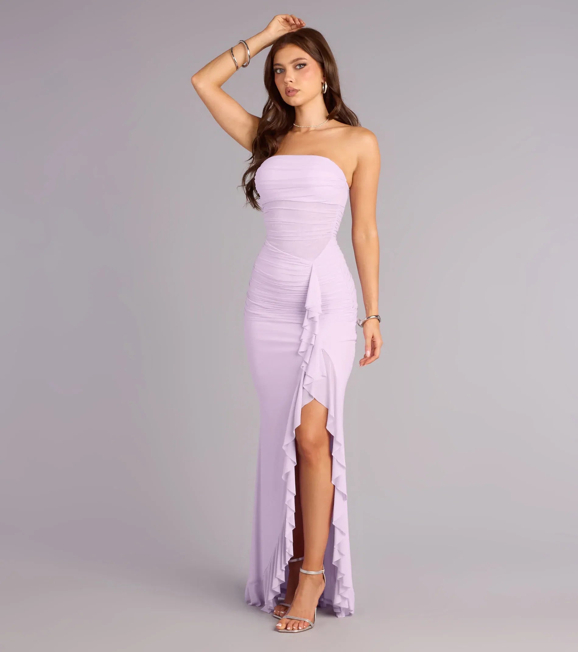 Elegant Fitted Strapless Mesh Maxi Ruffled Formal Evening Dress