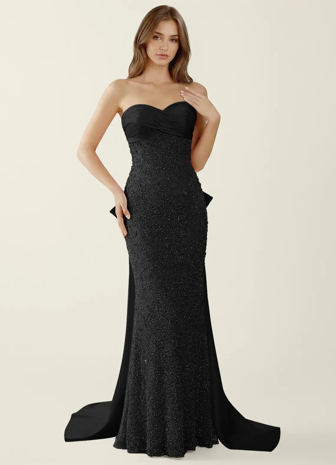 Elegante Vestido de Noche de Sirena con Cuentas y Lazo Maxi, Vestido de Fiesta con Cordones