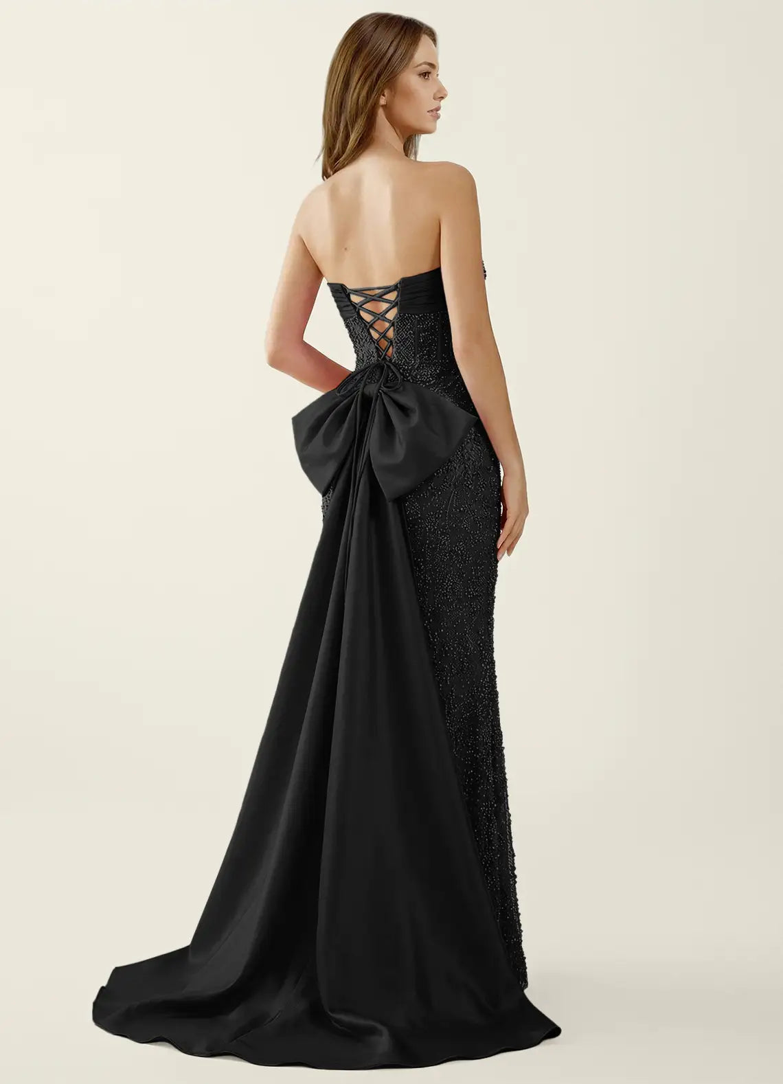 Elegante Vestido de Noche de Sirena con Cuentas y Lazo Maxi, Vestido de Fiesta con Cordones