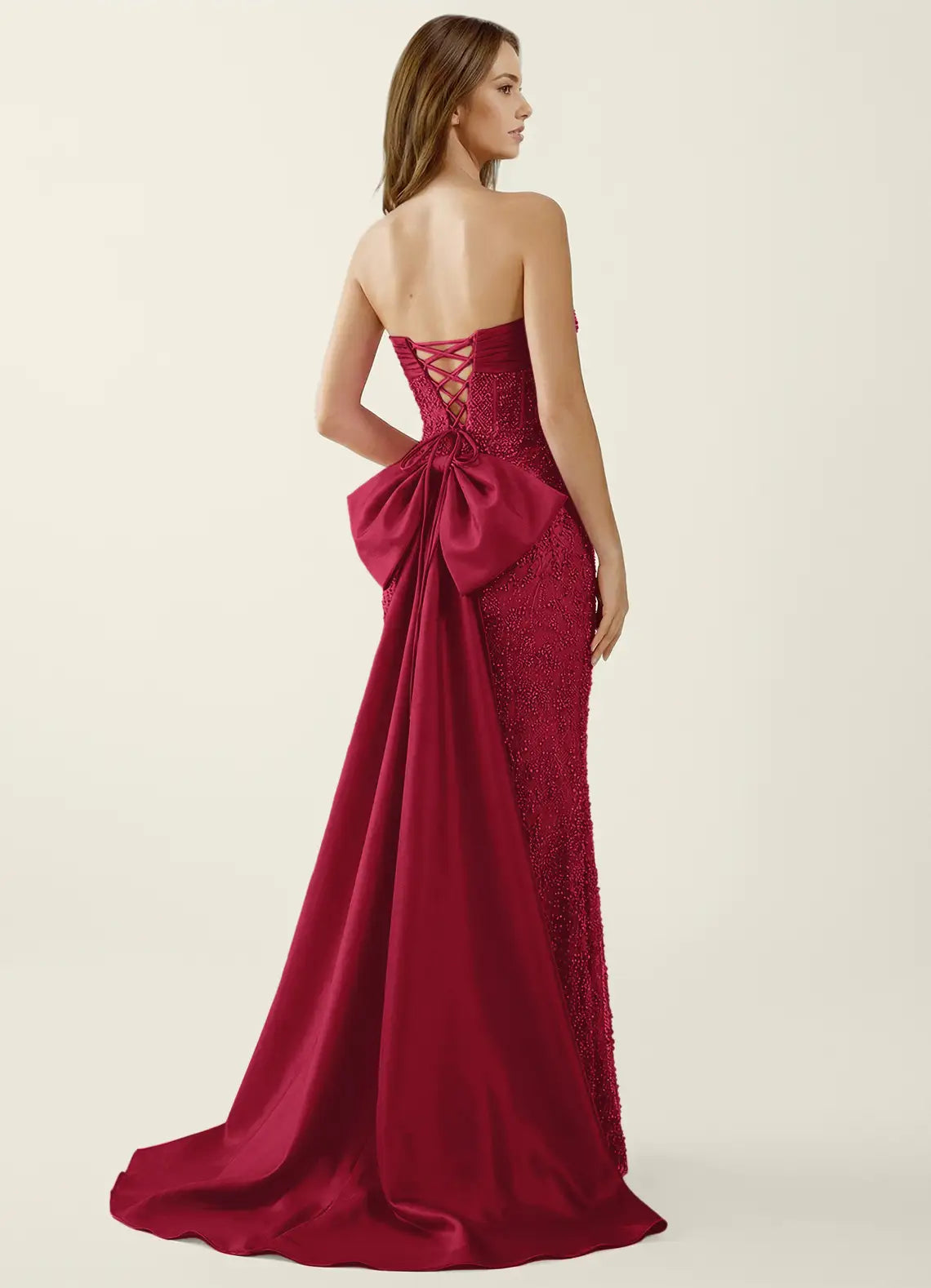 Elegante Vestido de Noche de Sirena con Cuentas y Lazo Maxi, Vestido de Fiesta con Cordones