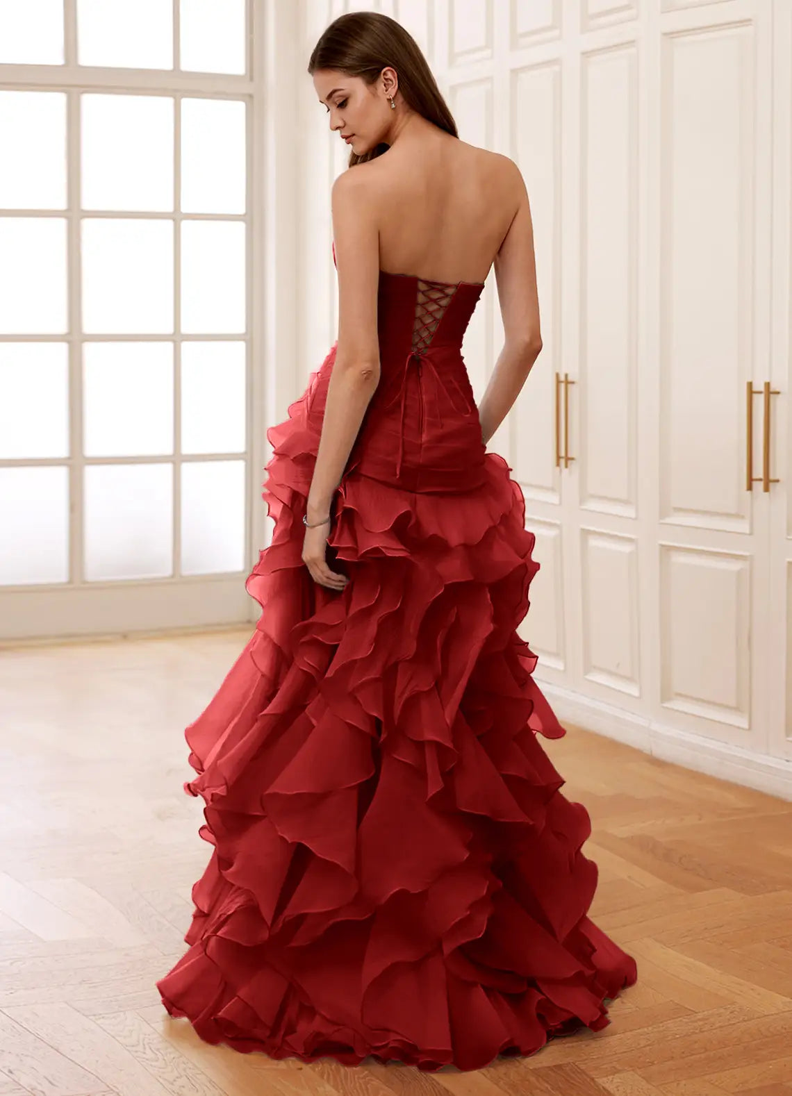 Elegante Vestido Largo de Fiesta de Gasa con Corsé, Escote Corazón y Volantes