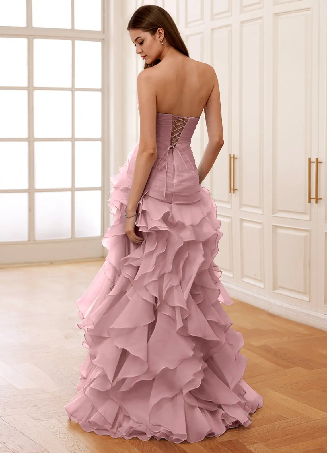 Elegante Vestido Largo de Fiesta de Gasa con Corsé, Escote Corazón y Volantes